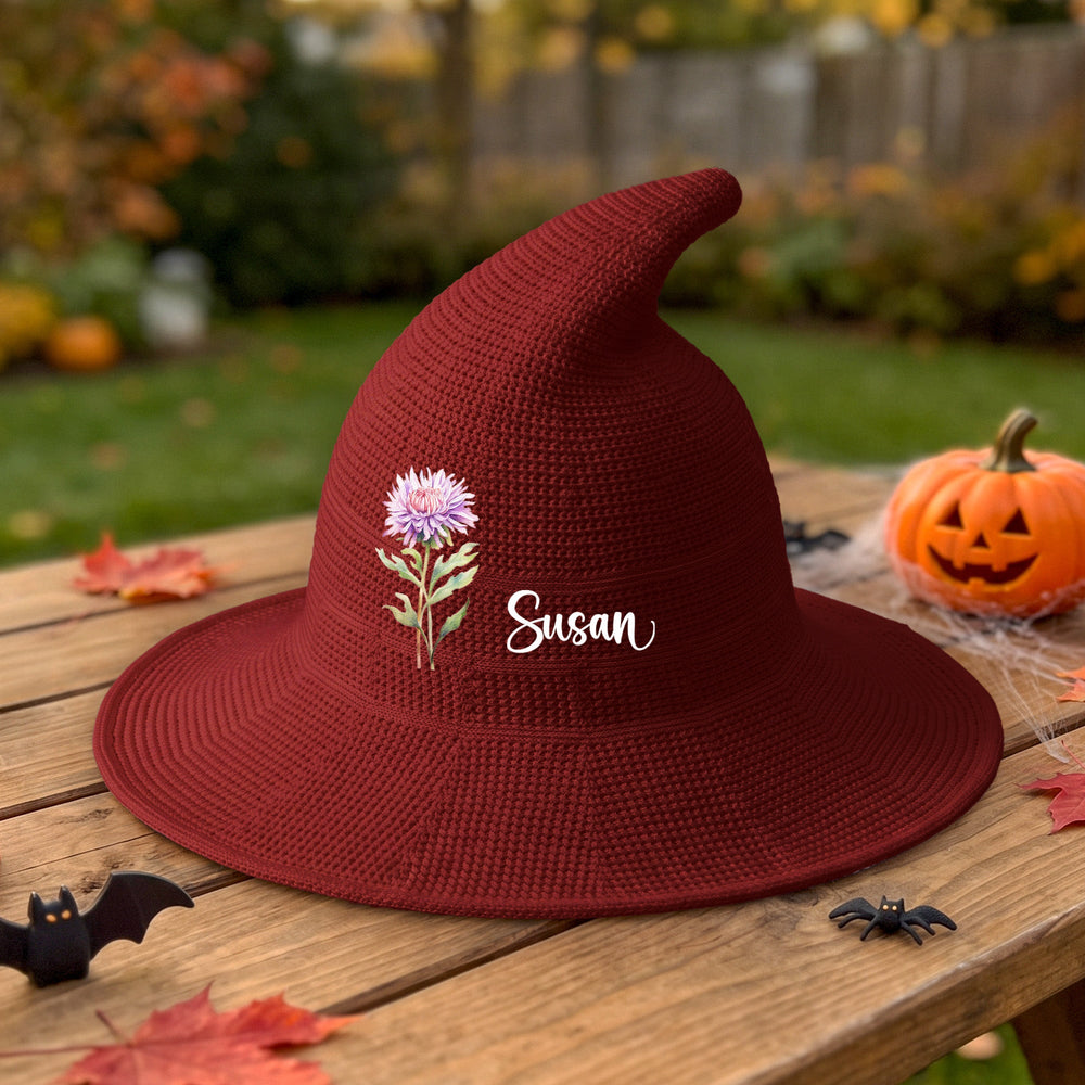 Personalized Birth Flower Witch Hat with Name - Custom Halloween Costume Hat for Kids & Adults