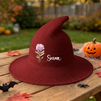 Personalized Birth Flower Witch Hat with Name - Custom Halloween Costume Hat for Kids & Adults