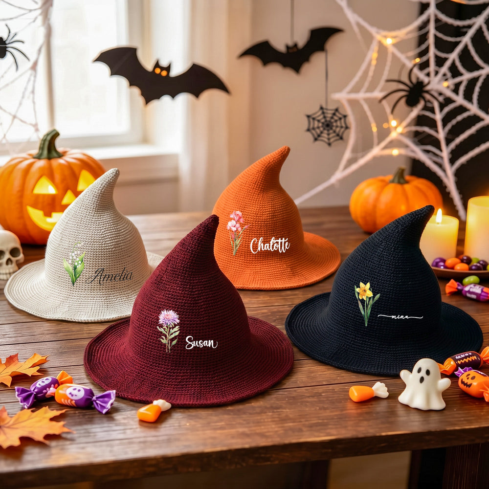 Personalized Birth Flower Witch Hat with Name - Custom Halloween Costume Hat for Kids & Adults