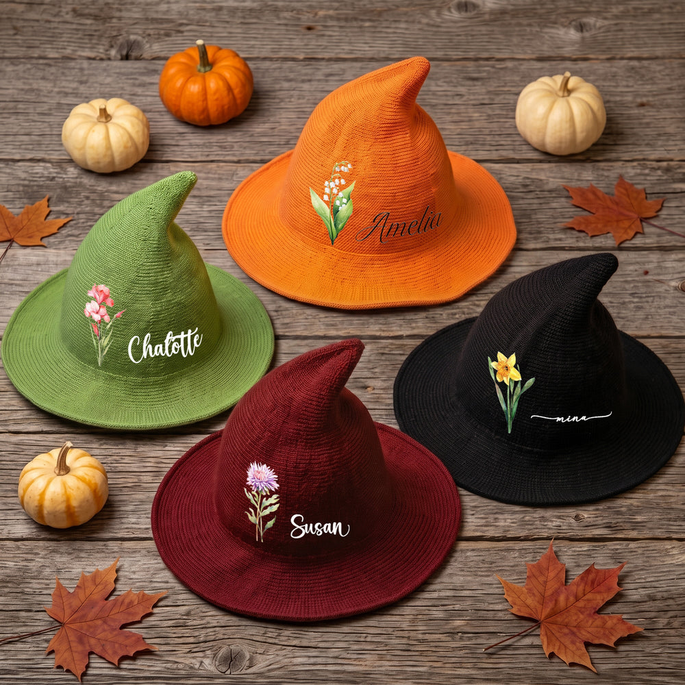 Personalized Birth Flower Witch Hat with Name - Custom Halloween Costume Hat for Kids & Adults