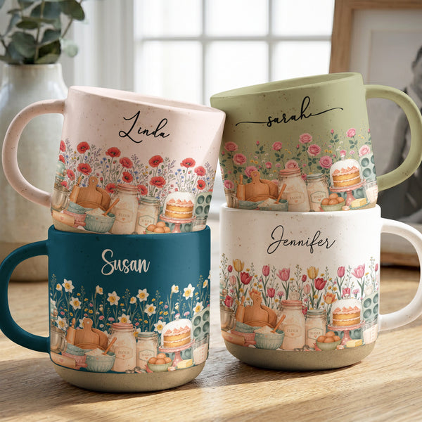 Personalized Birth Flower Pottery Mug - Custom Name Ceramic Coffee Cup, Gift For Baker