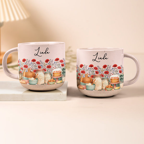 Personalized Birth Flower Pottery Mug - Custom Name Ceramic Coffee Cup, Gift For Baker