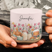 Personalized Birth Flower Pottery Mug - Custom Name Ceramic Coffee Cup, Gift For Baker