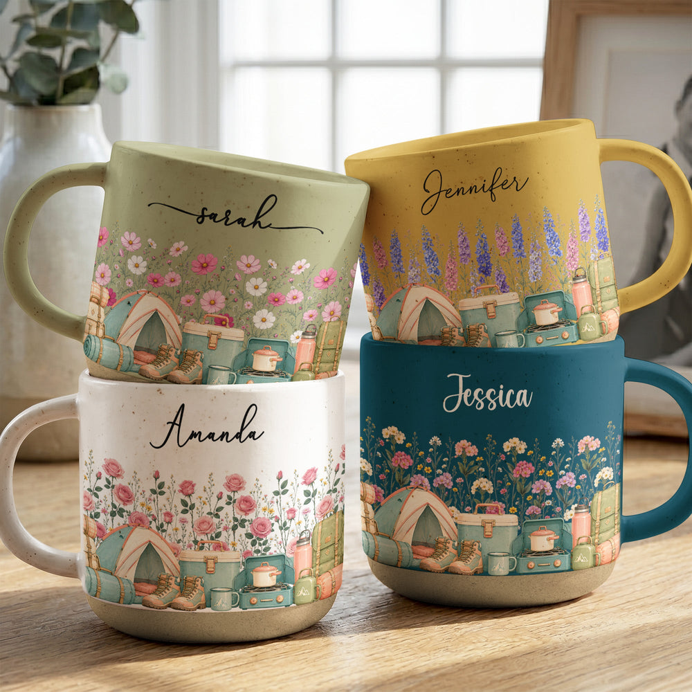 Personalized Birth Flower Pottery Mug - Custom Name Ceramic Coffee Cup, Camper Camping Gift