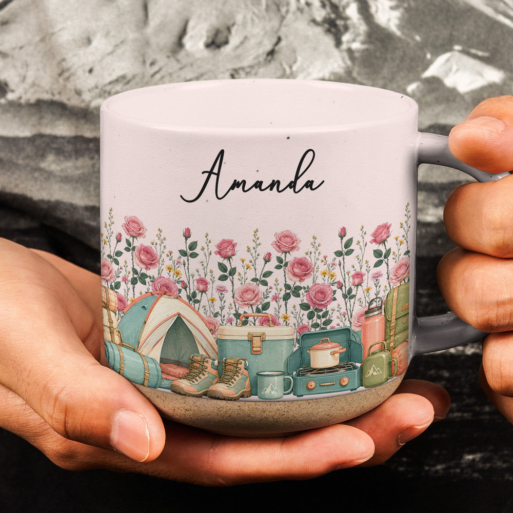 Personalized Birth Flower Pottery Mug - Custom Name Ceramic Coffee Cup, Camper Camping Gift