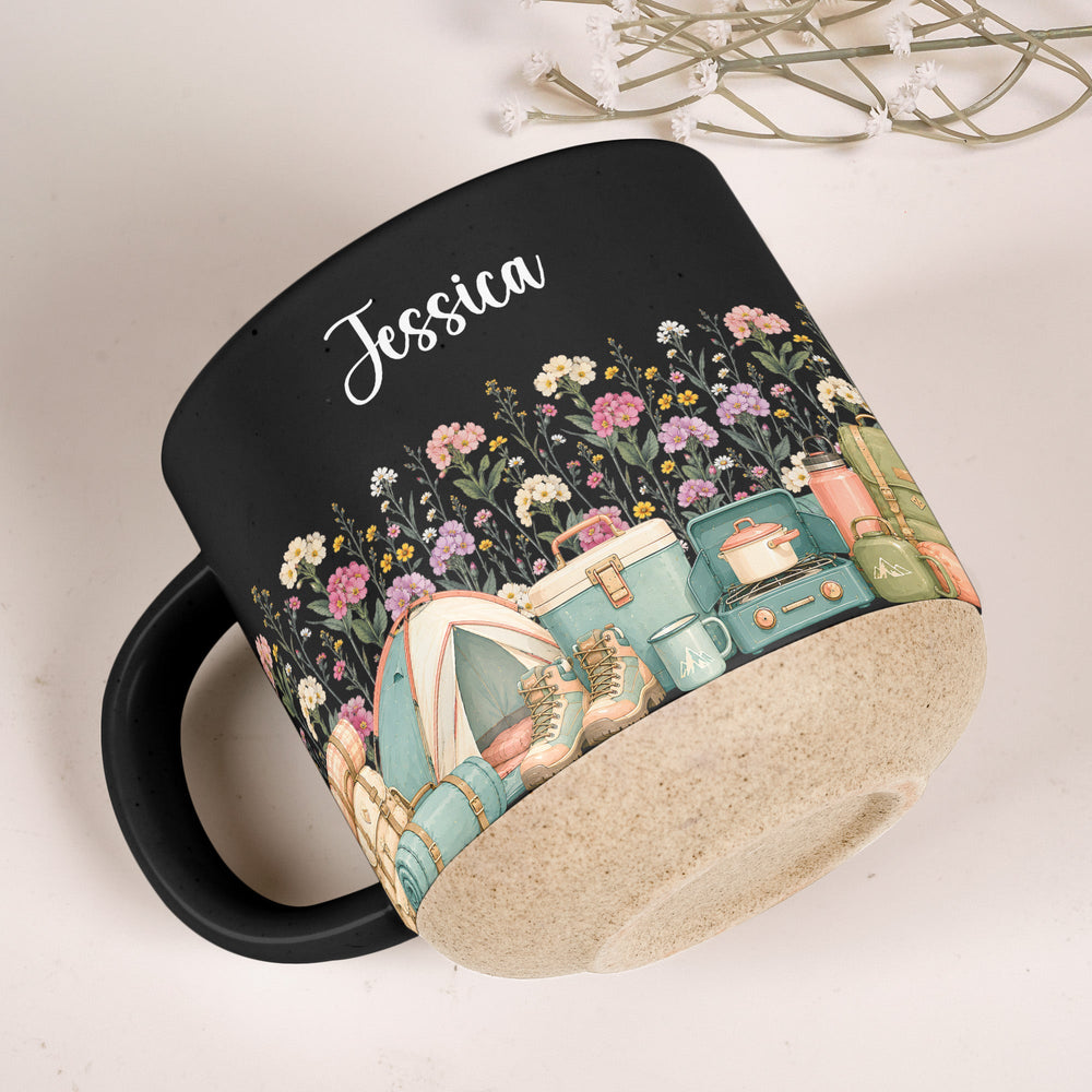 Personalized Birth Flower Pottery Mug - Custom Name Ceramic Coffee Cup, Camper Camping Gift