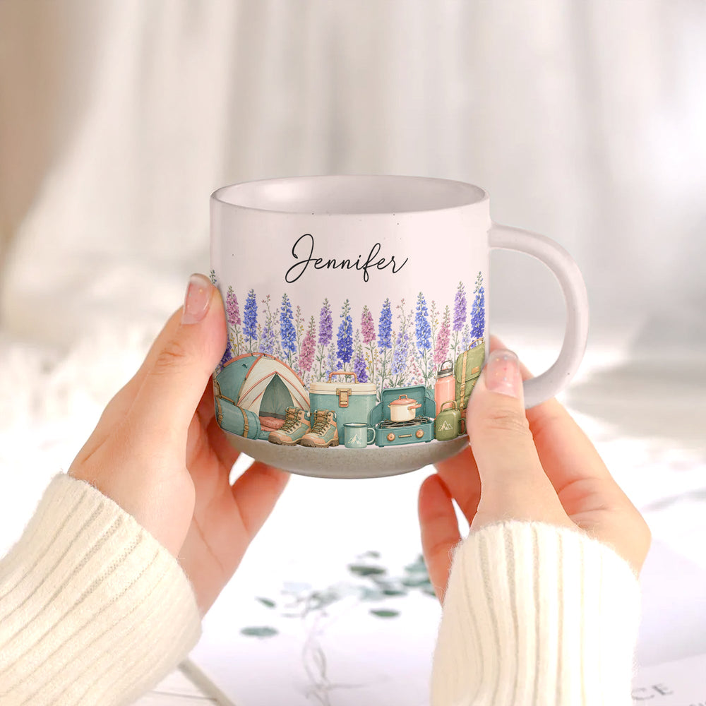 Personalized Birth Flower Pottery Mug - Custom Name Ceramic Coffee Cup, Camper Camping Gift
