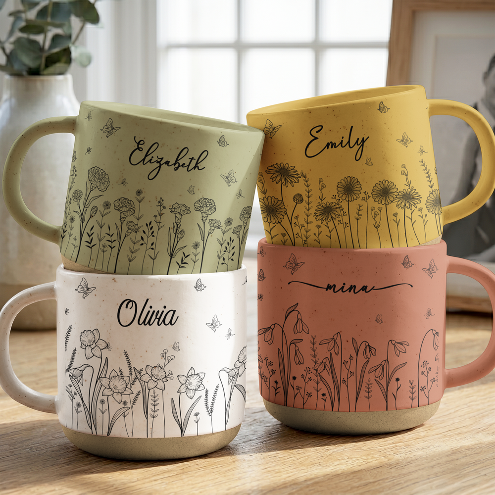 Personalized Birth Flower Pottery Mug - Custom Name Ceramic Gift for Her