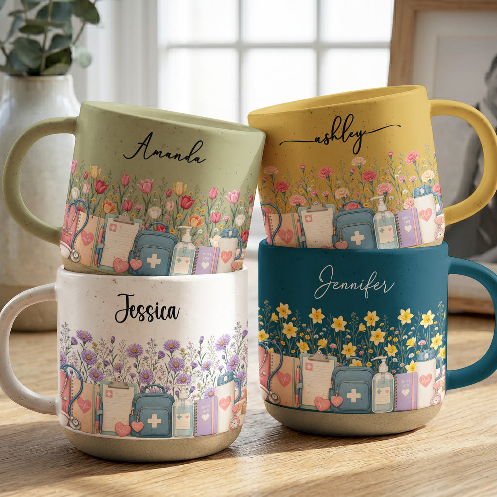 Personalized Birth Flower Pottery Mug - Custom Nurse Name Gift for Her