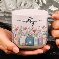 Personalized Birth Flower Pottery Mug - Custom Nurse Name Gift for Her
