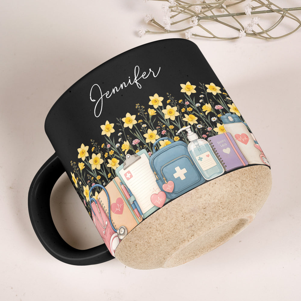 Personalized Birth Flower Pottery Mug - Custom Nurse Name Gift for Her