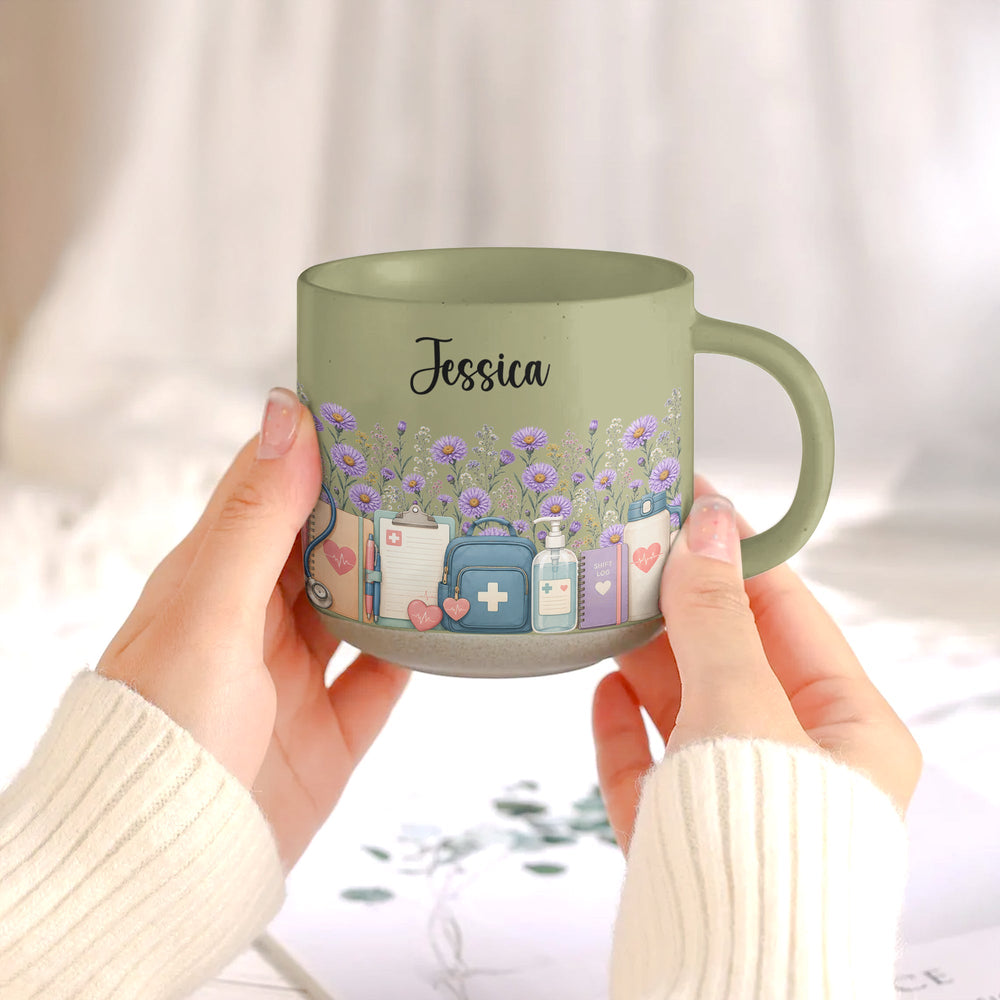 Personalized Birth Flower Pottery Mug - Custom Nurse Name Gift for Her