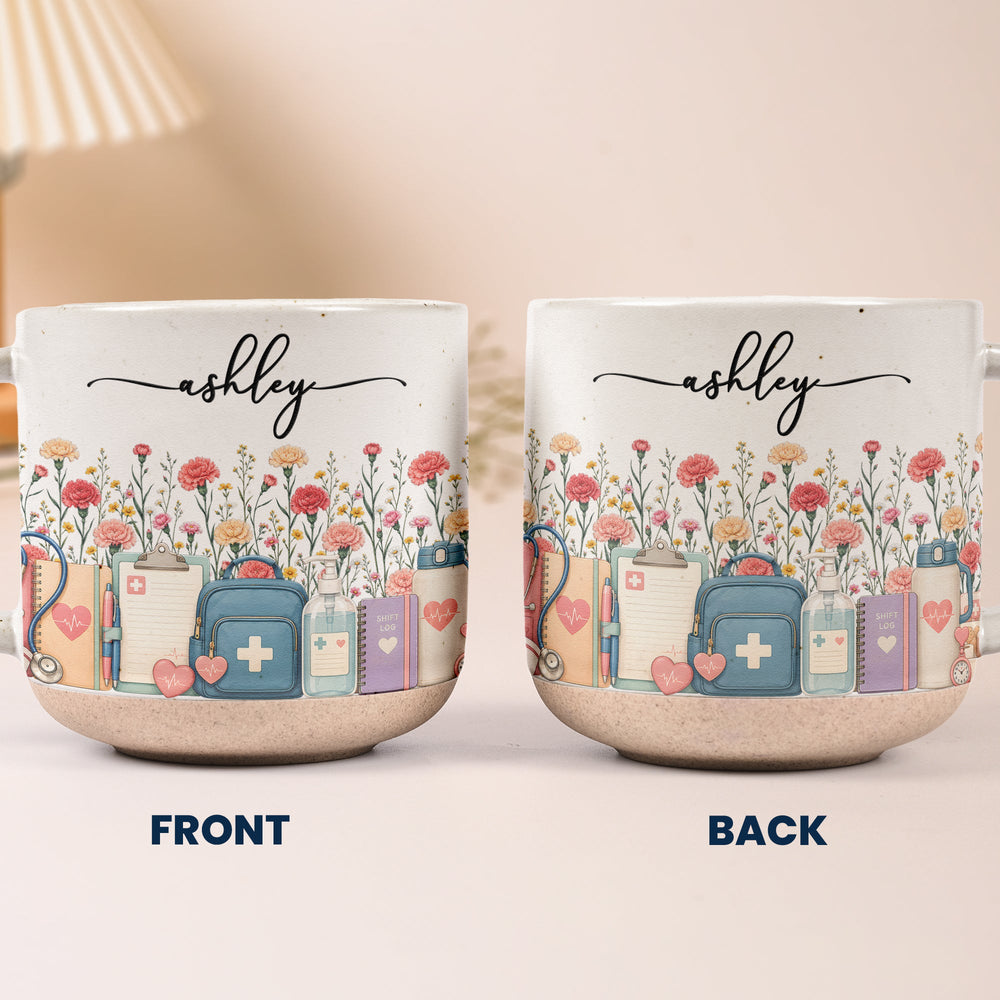 Personalized Birth Flower Pottery Mug - Custom Nurse Name Gift for Her