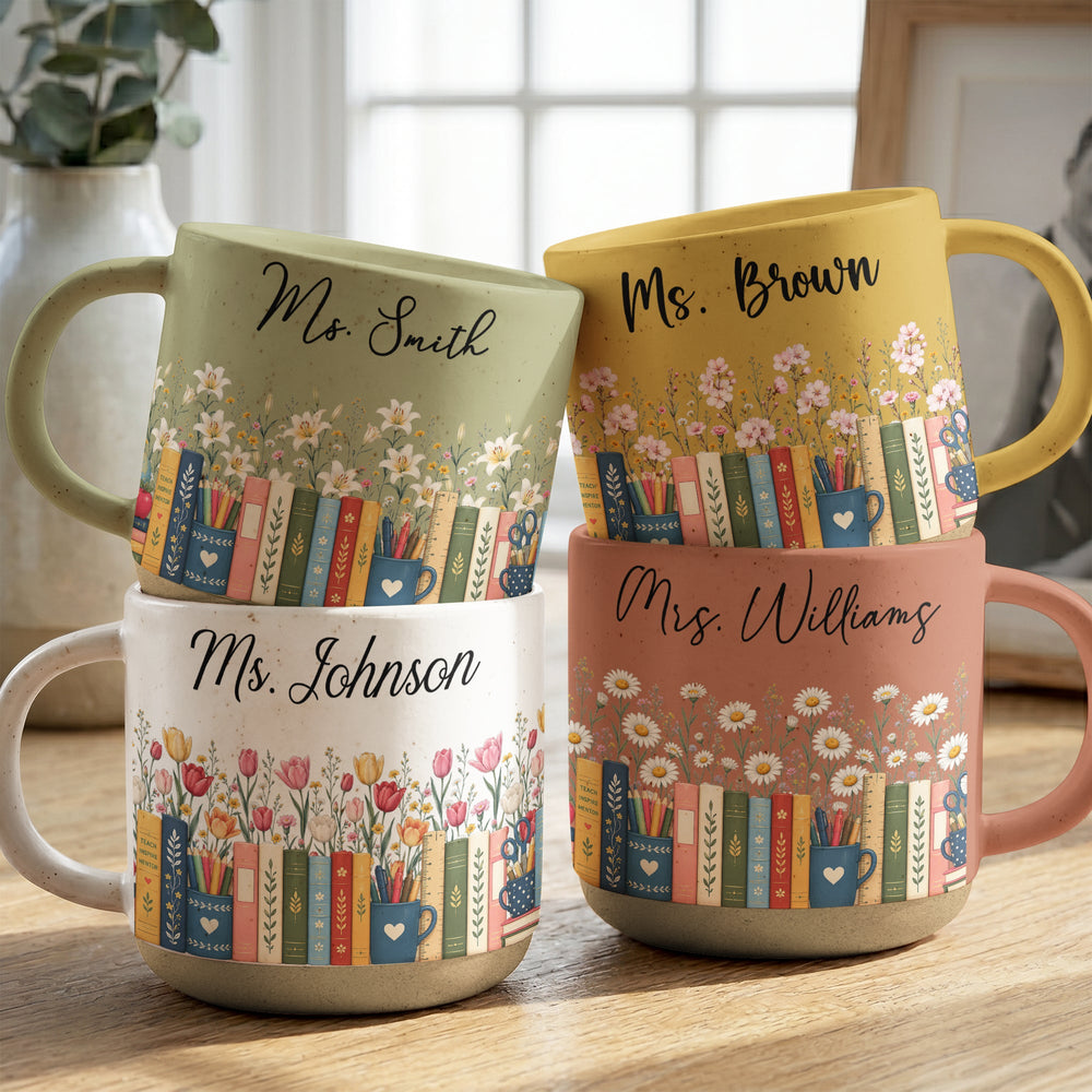 Personalized Teacher Birth Flower Pottery Mug, Custom Name Floral Ceramic Coffee Cup, Teacher Appreciation Gift