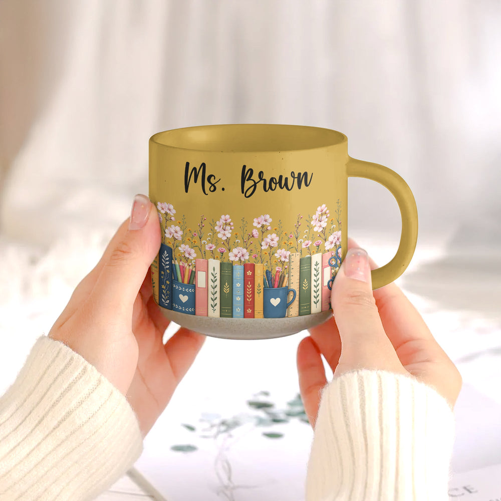 Personalized Teacher Birth Flower Pottery Mug, Custom Name Floral Ceramic Coffee Cup, Teacher Appreciation Gift