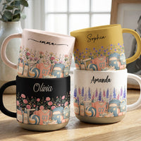 Personalized Birth Flower Pottery Mug - Custom Name Ceramic Coffee Cup, Gift For Volleyball Girl