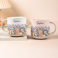 Personalized Birth Flower Pottery Mug - Custom Name Ceramic Coffee Cup, Gift For Volleyball Girl