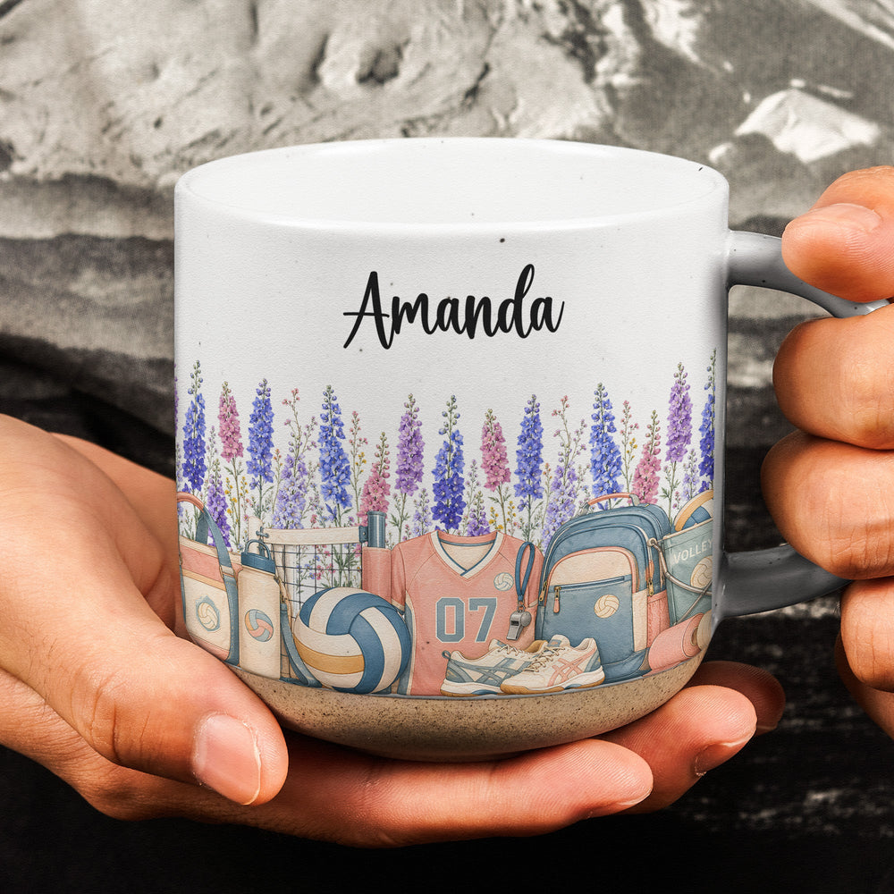 Personalized Birth Flower Pottery Mug - Custom Name Ceramic Coffee Cup, Gift For Volleyball Girl