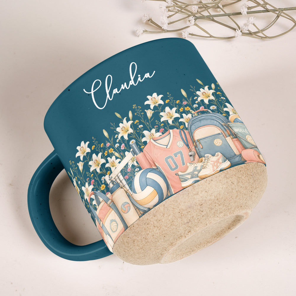 Personalized Birth Flower Pottery Mug - Custom Name Ceramic Coffee Cup, Gift For Volleyball Girl