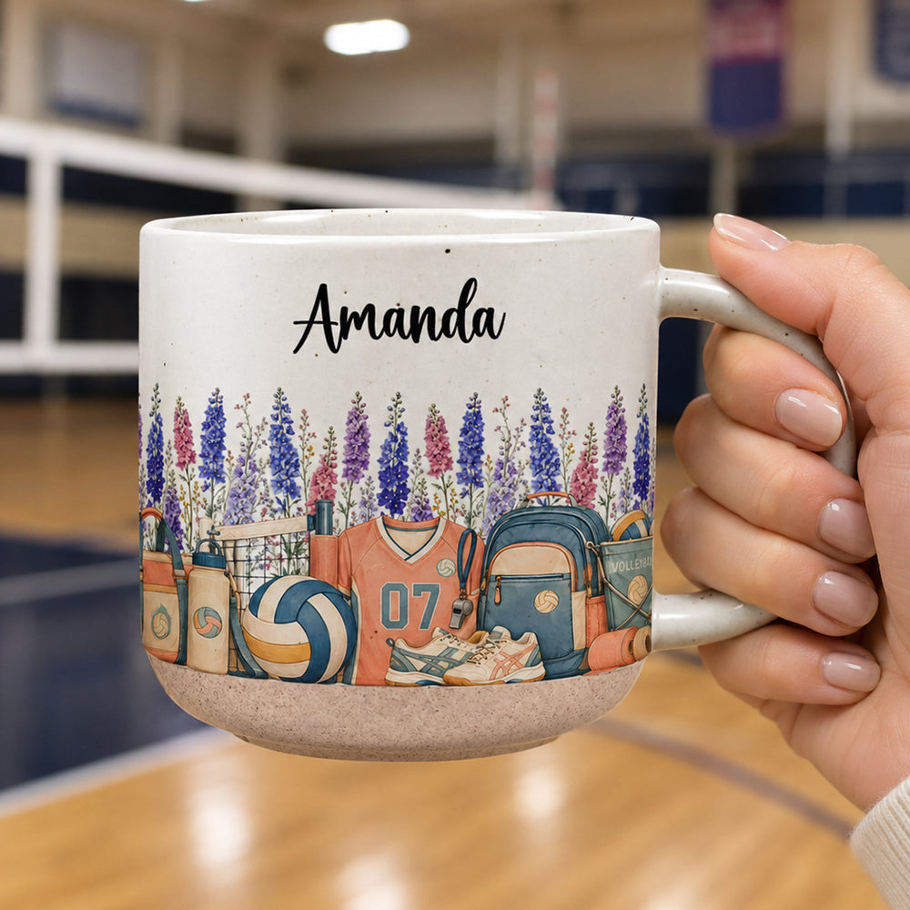 Personalized Birth Flower Pottery Mug - Custom Name Ceramic Coffee Cup, Gift For Volleyball Girl
