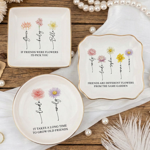 Custom Birth Flower Trinket Tray For Friends, Soul Sisters - Personalized Jewelry Dish