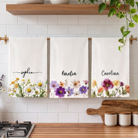 Personalized Birth Flower Kitchen Towel - Custom Name Gift for Her, Mom