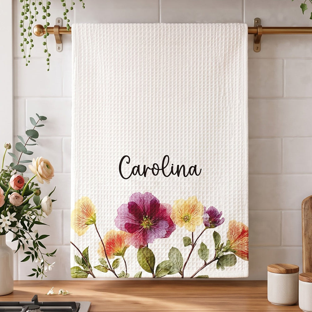 Personalized Birth Flower Kitchen Towel - Custom Name Gift for Her, Mom