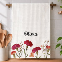 Personalized Birth Flower Kitchen Towel - Custom Name Gift for Her, Mom