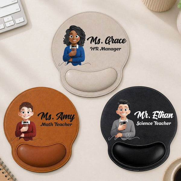 Personalized Custom Character Leather Mouse Pad with Wrist Rest – Custom Name Office Desk Decor Gift for Teacher, Coworker, Boss