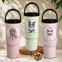 Custom Cup With Pet Photo Watercolor Art Striped Pattern - Personalized 30oz Tumbler