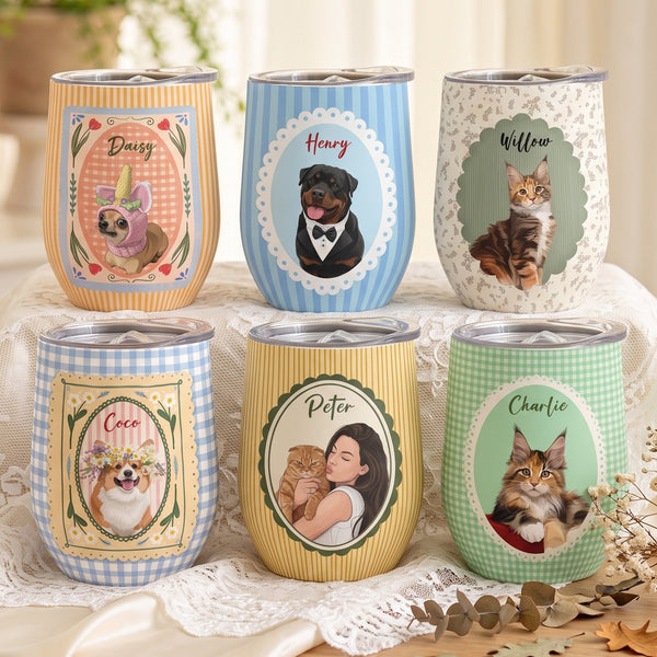 Custom Dog Cat Portrait Retro Frame Personalized Wine Tumbler