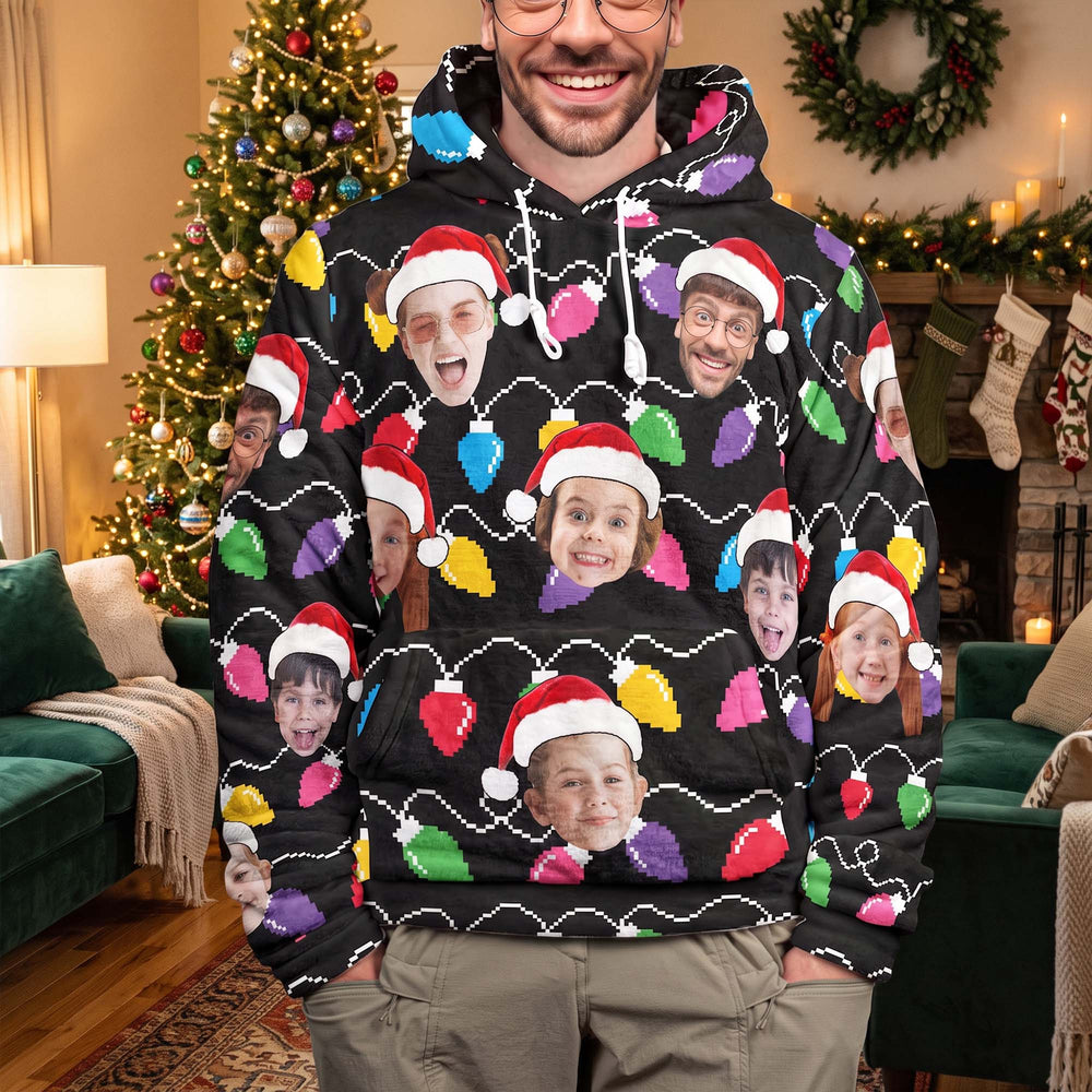 Custom Face Christmas Hoodie, Personalized Matching Family Xmas Lights Fleece Sweatshirt