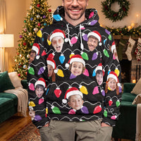 Custom Face Christmas Hoodie, Personalized Matching Family Xmas Lights Fleece Sweatshirt