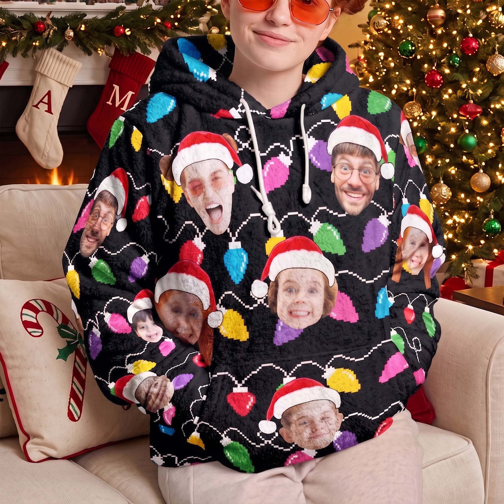 Custom Face Christmas Hoodie, Personalized Matching Family Xmas Lights Fleece Sweatshirt