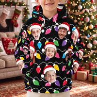 Custom Face Christmas Hoodie, Personalized Matching Family Xmas Lights Fleece Sweatshirt