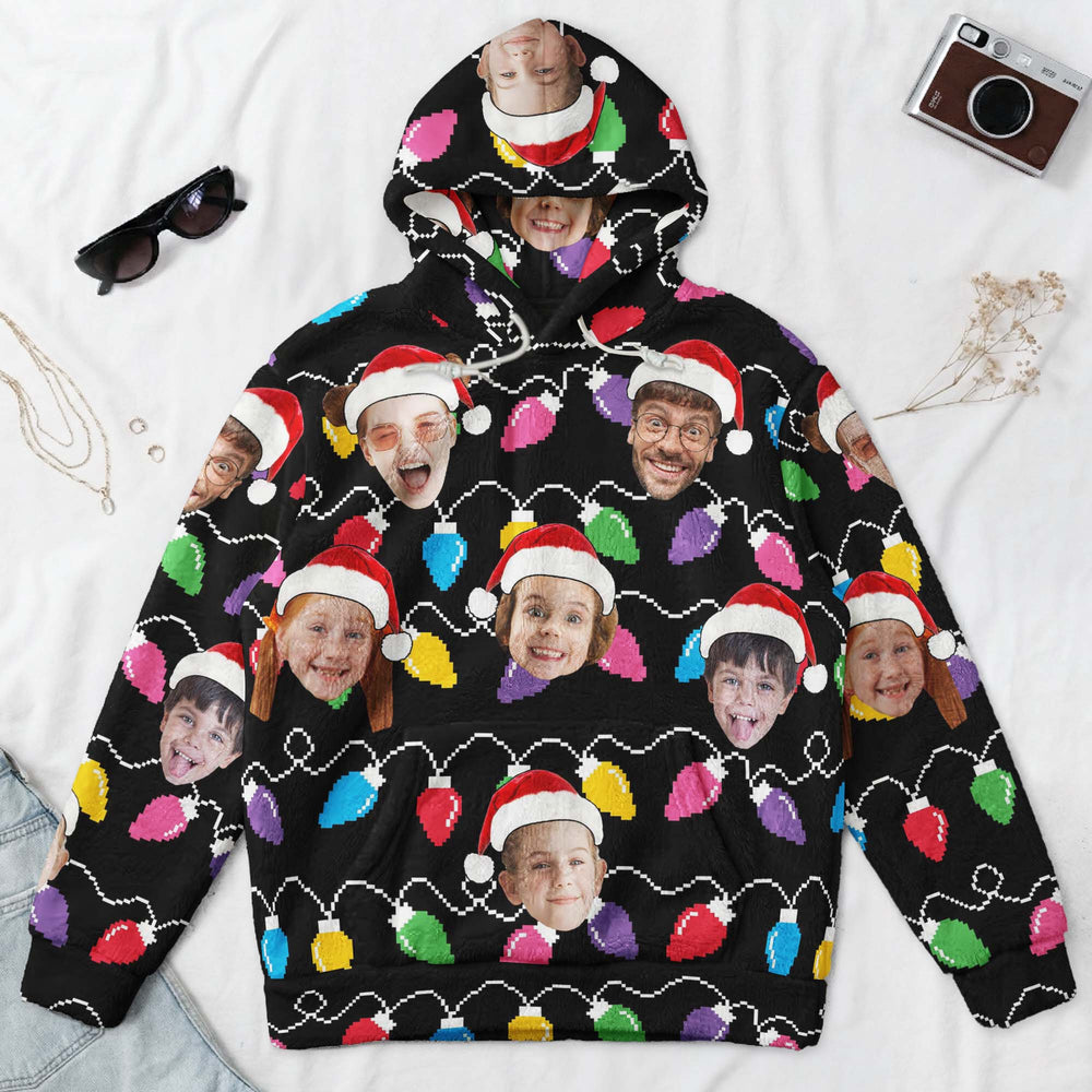 Custom Face Christmas Hoodie, Personalized Matching Family Xmas Lights Fleece Sweatshirt
