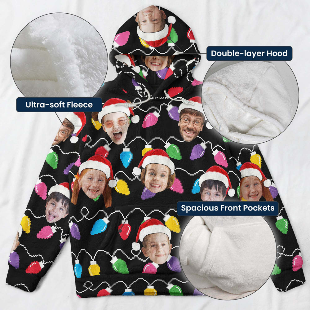 Custom Face Christmas Hoodie, Personalized Matching Family Xmas Lights Fleece Sweatshirt