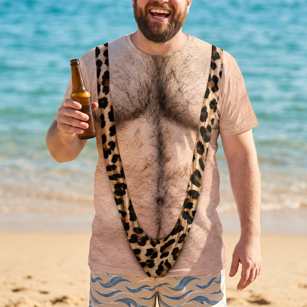 Funny 3D Hairy Chest Borat Swimsuit Shirt - Mens Beach & Bachelor Party Gag Gift