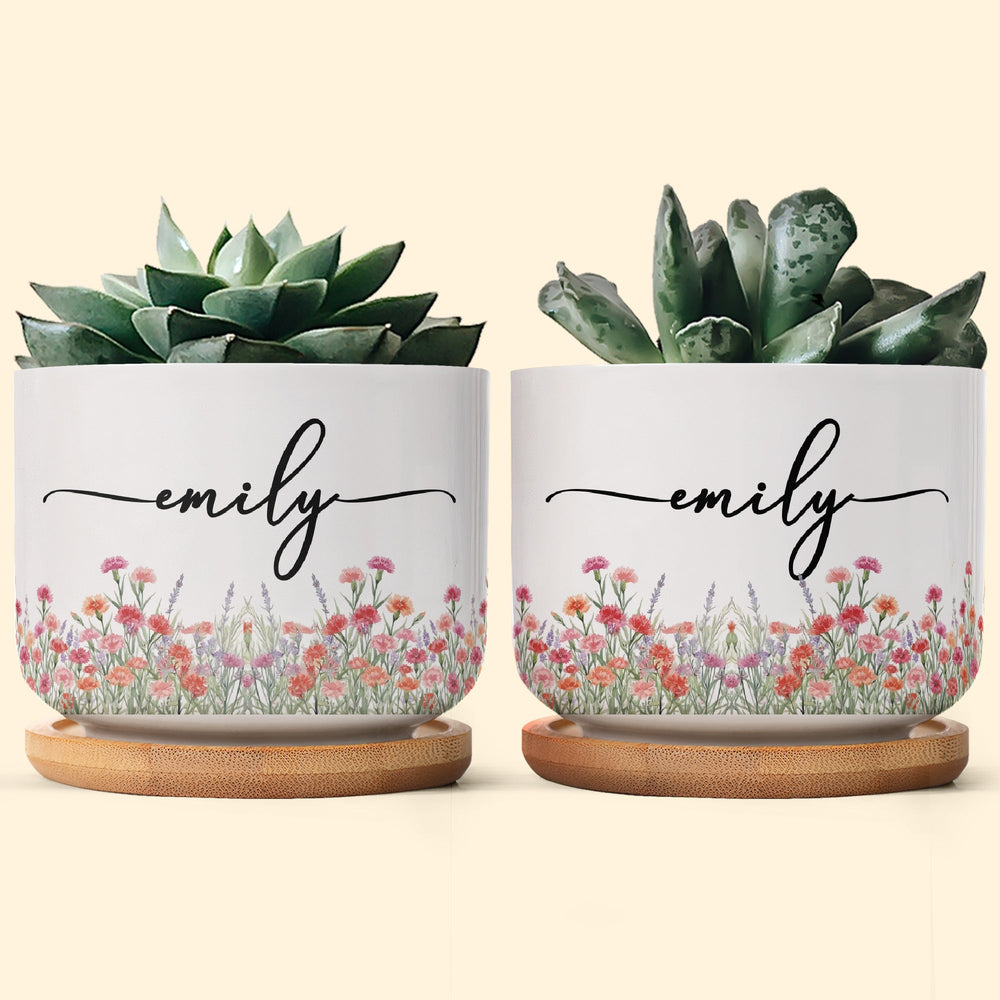 Custom Name & Birth Flower Birthday Gift For Her, Sisters, Daughter, Friends, Coworkers - Personalized Plant Pot