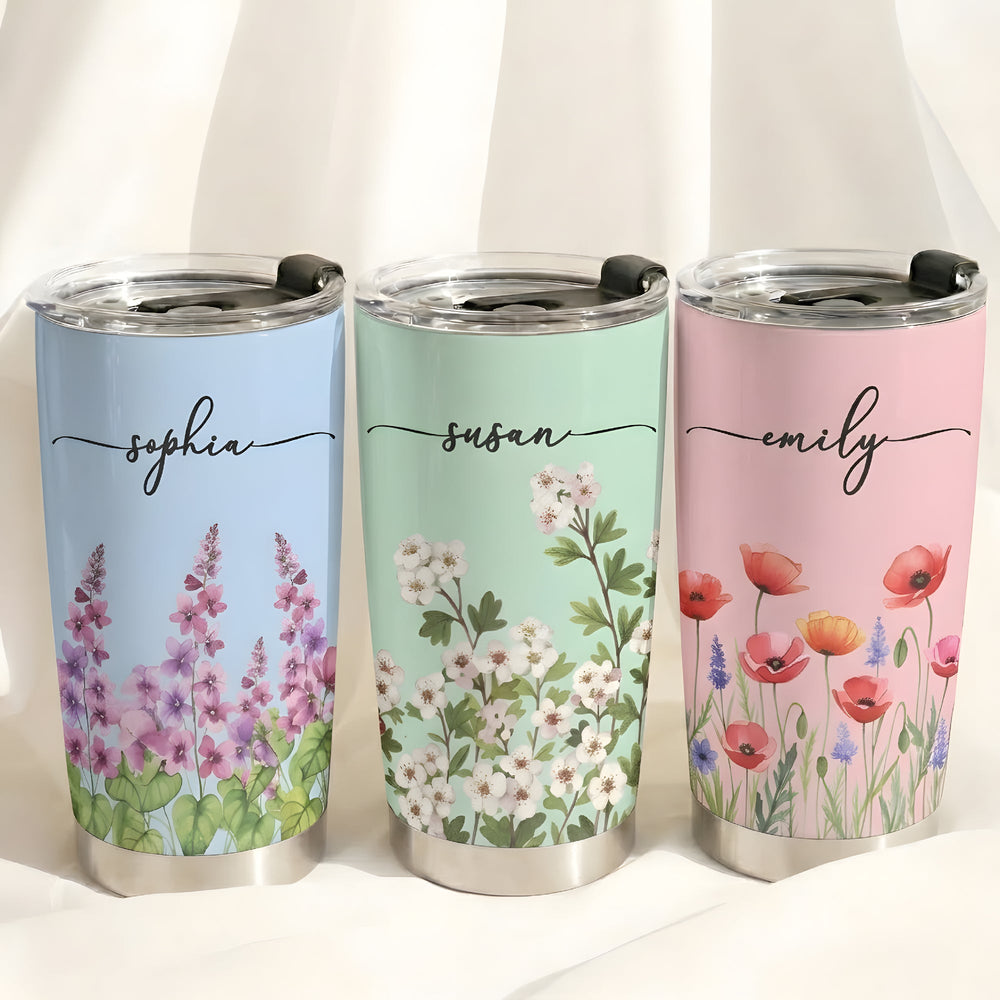 Custom Name & Birth Flower Birthday Gift For Her, Sisters, Daughter, Friends, Coworkers - Personalized Tumbler