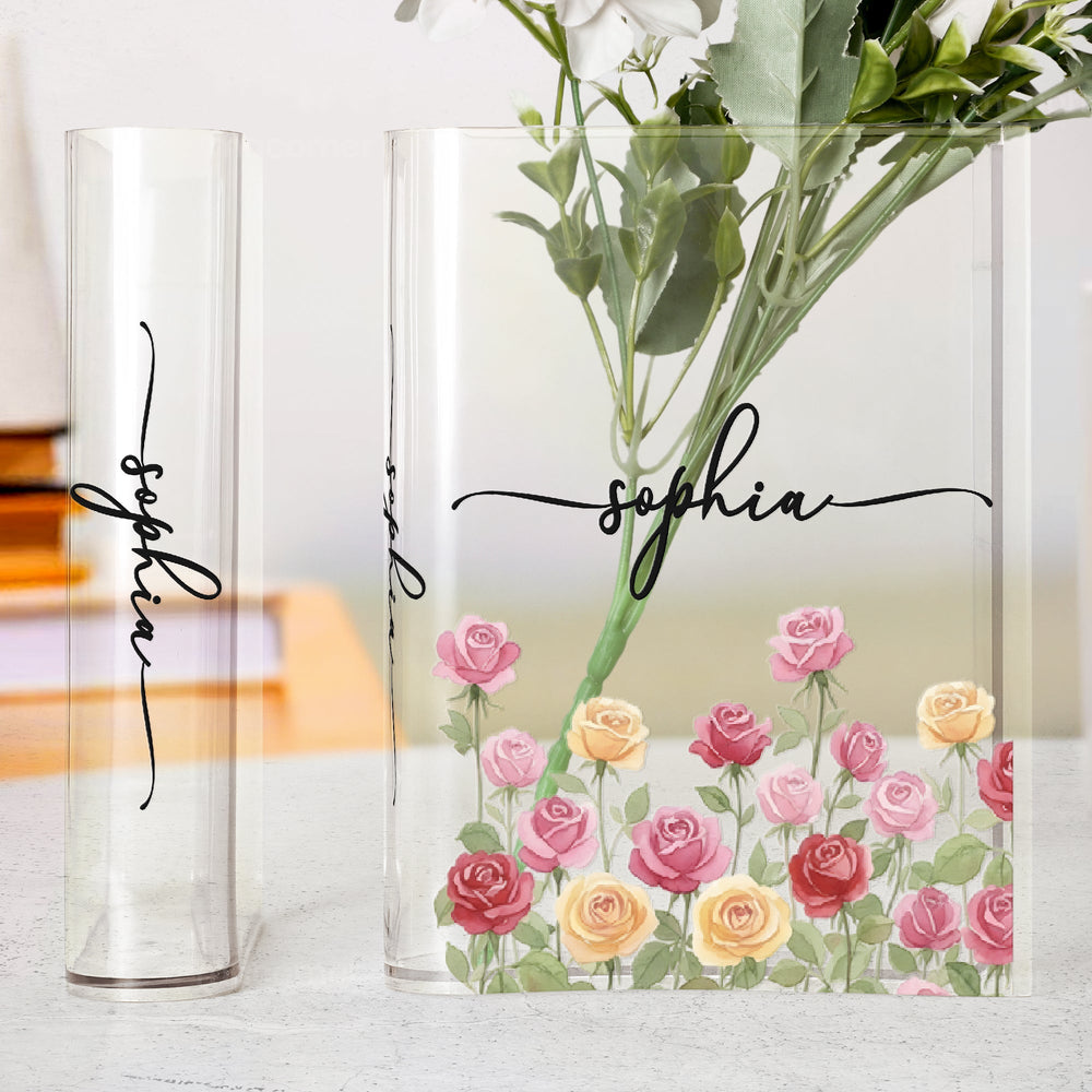 Custom Name & Birth Flower Birthday Gift For Her, Sisters, Daughter, Friends - Personalized Vase