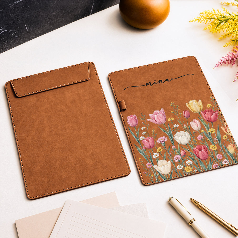 Personalized Birth Flower Leather Clipboard, Custom Name Magnetic Folder Gift for Teacher