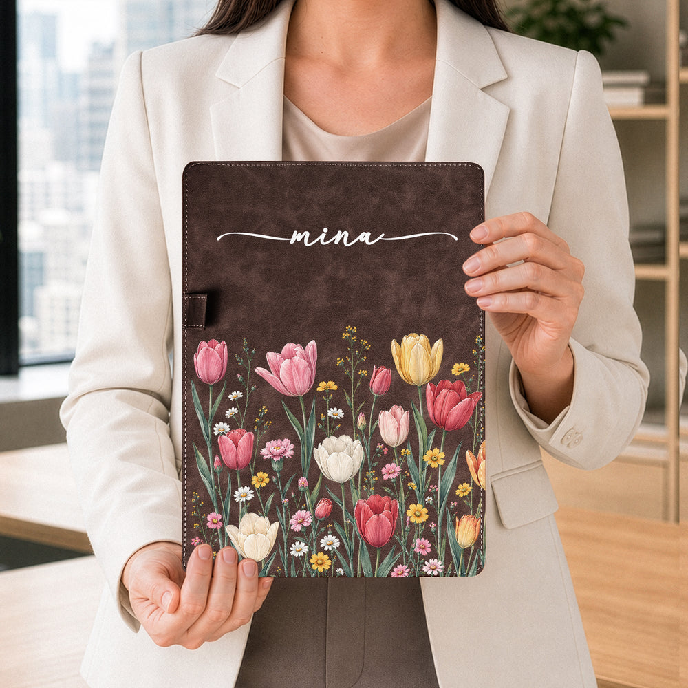 Personalized Birth Flower Leather Clipboard, Custom Name Magnetic Folder Gift for Teacher