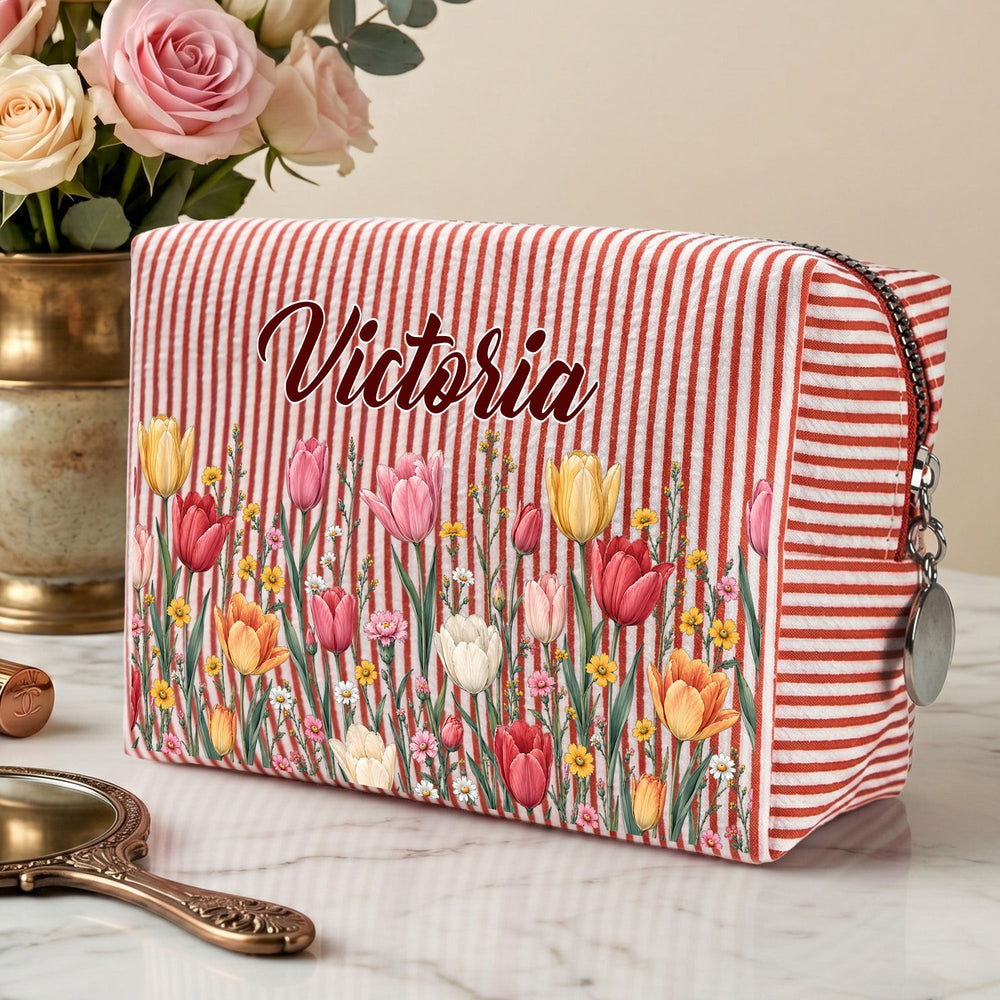 Personalized Birth Flower Striped Makeup Bag – Custom Name Floral Cosmetic Travel Pouch Gift for Her