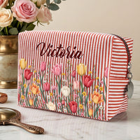 Personalized Birth Flower Striped Makeup Bag – Custom Name Floral Cosmetic Travel Pouch Gift for Her