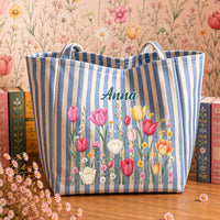 Personalized Birth Flower Striped Canvas Tote Bag - Custom Name Beach Bag Gift for Her
