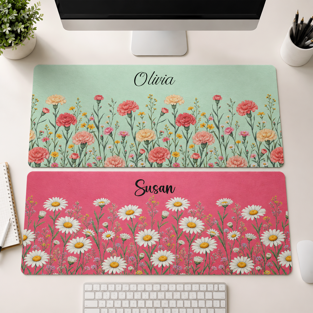 Personalized Birth Flower Desk Mat - Custom Name PU Leather Mouse Pad Gift for Her