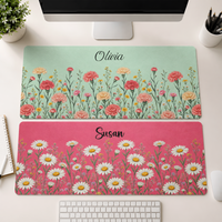 Personalized Birth Flower Desk Mat - Custom Name PU Leather Mouse Pad Gift for Her