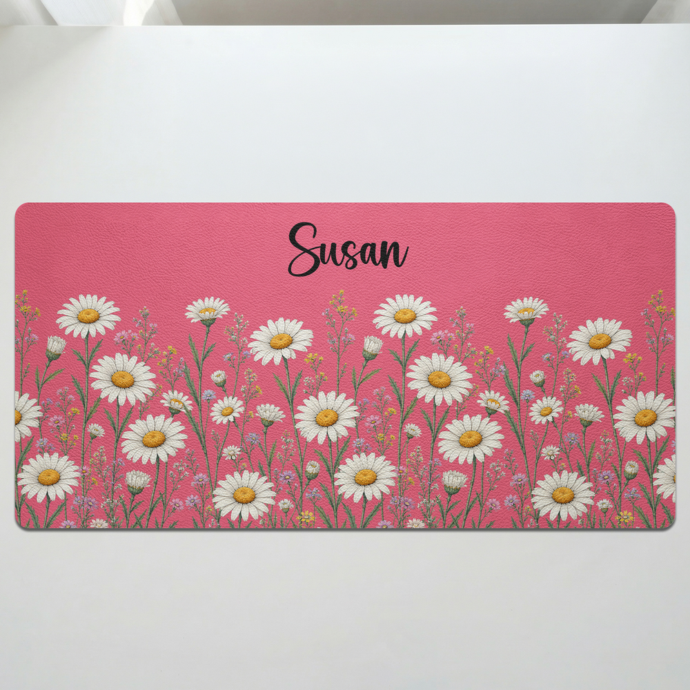 Personalized Birth Flower Desk Mat - Custom Name PU Leather Mouse Pad Gift for Her
