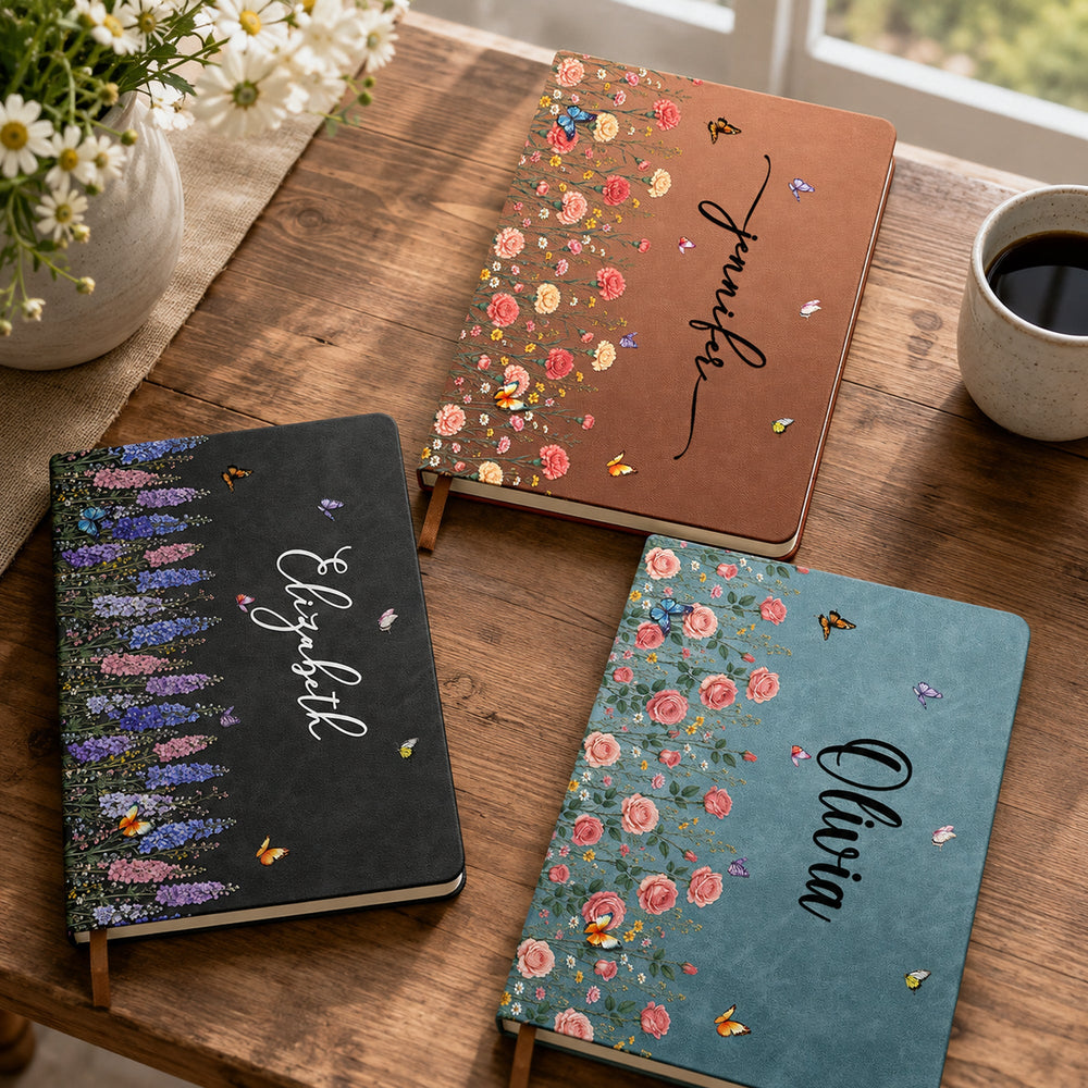 Personalized Birth Flower Leather Journal - Custom Name Notebook Gift for Her